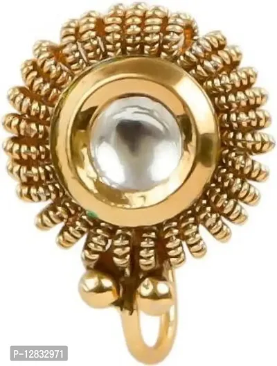 Gargish Traditional  Stylish Gold Plated Round Shape Style Clip On Brass Nose Pin/Nathani Embedded with Golden Beads for Womens and Girls-thumb0