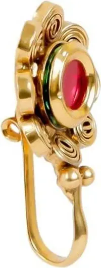 Gargish Traditional Gold Plated Round Shape Style Clip On Brass Nose Pin/Nathani Embedded with Golden Beads for Womens and Girls-thumb1