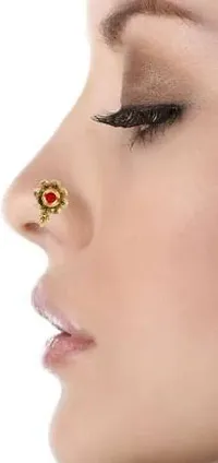 Gargish Traditional Gold Plated Round Shape Style Clip On Brass Nose Pin/Nathani Embedded with Golden Beads for Womens and Girls-thumb2