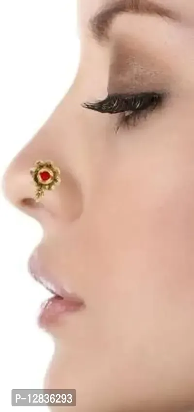 Gargish Traditional Gold Plated Round Shape Style Clip On Brass Nose Pin/Nathani Embedded with Golden Beads for Womens and Girls-thumb3