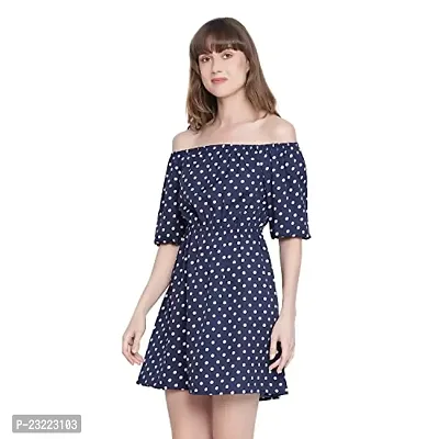 DRAAX fashions Women Blue Polka Dot Off-Shoulder A-Line Dress(M;Blue)-thumb2