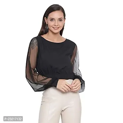 DRAAX fashions Women Black Self Design Semi-Sheer Net Cropped Top (XL; Black)-Fullsleeve