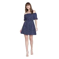 DRAAX fashions Women Blue Polka Dot Off-Shoulder A-Line Dress(M;Blue)-thumb4
