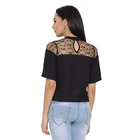DRAAX fashions Women Black Solid Ruffled net Top (M; Black)-Short Sleeve-thumb3