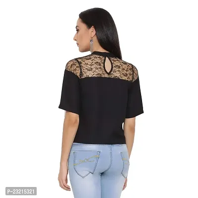 DRAAX fashions Women Black Solid Ruffled net Top (M; Black)-Short Sleeve-thumb4