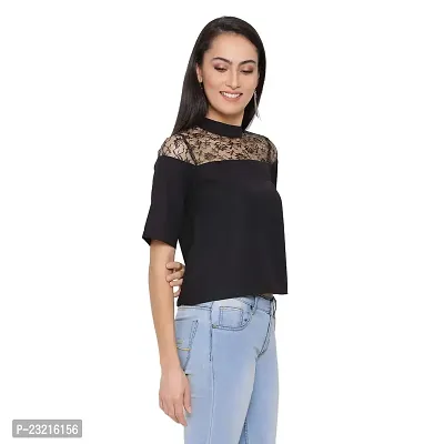 DRAAX fashions Women Black Solid Ruffled net Top (S; Black)-Short Sleeve-thumb3