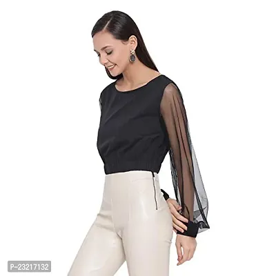 DRAAX fashions Women Black Self Design Semi-Sheer Net Cropped Top (XL; Black)-Fullsleeve-thumb2