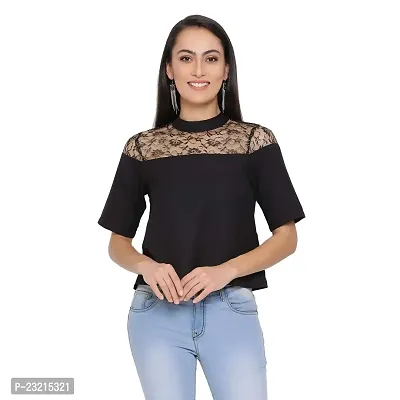 DRAAX fashions Women Black Solid Ruffled net Top (M; Black)-Short Sleeve-thumb0