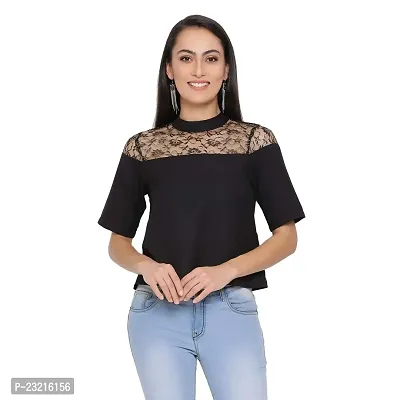 DRAAX fashions Women Black Solid Ruffled net Top (S; Black)-Short Sleeve