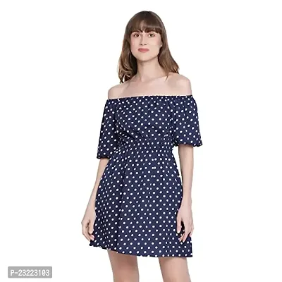 DRAAX fashions Women Blue Polka Dot Off-Shoulder A-Line Dress(M;Blue)-thumb0