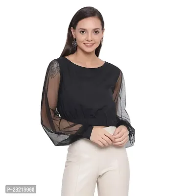 DRAAX fashions Women Black Self Design Semi-Sheer Net Cropped Top (XS; Black)-Fullsleeve