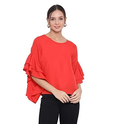 DRAAX fashions Women Red Solid Top with Frills (L; Multi Colour)-3/4thsleeve