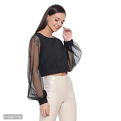 DRAAX fashions Women Black Self Design Semi-Sheer Net Cropped Top (XL; Black)-Fullsleeve-thumb3
