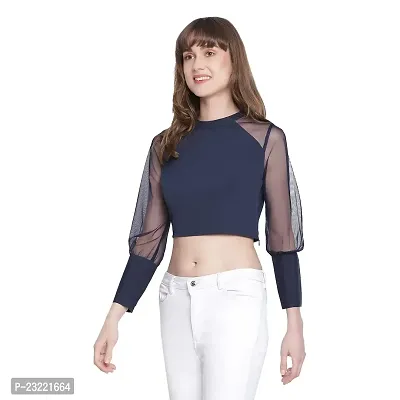 DRAAX fashions Women Navy Blue Top with Net Sleeves-thumb2