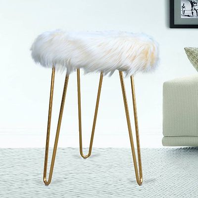 Faux Fur Foot Stool, Fuzzy Ottoman Foot Rest with Golden Metal Legs, Furry Soft Compact Footrest for Living Room Bedroom, Under Desk Step Stool,