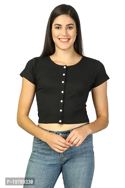Label NYC Apparel Women's Casual Round Neck Front Button Rib Cropped Top Top for Women | Top for Girl | Women Casual Top (Pack of One) (Pack of 1)