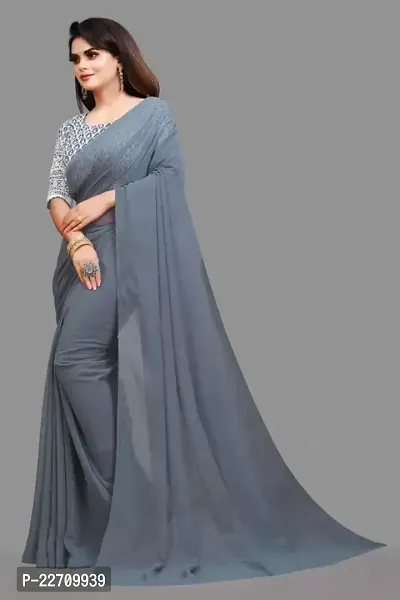 Stylish Georgette Grey Saree with Blouse piece For Women-thumb0