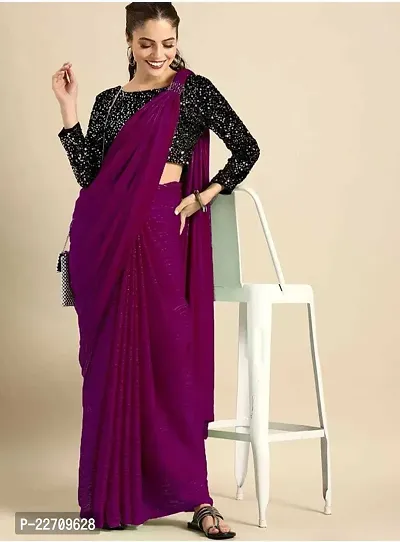 Stylish Chiffon Purple Saree with Blouse piece For Women-thumb0