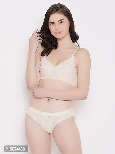 Womens Off White Cotton blend Bra and Panty Set