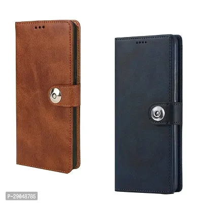 Fastship Genuine Leather Finish Combo 2 Flip Cover for Reno 8T 5G - CPH2505 | Wallet Button Magnetic for OPPO Reno8T 5G - Brown / Blue-thumb0