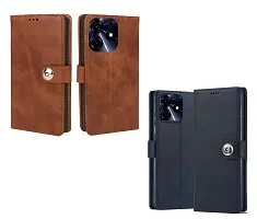 Fastship Leather Finish Combo 2 Flip Cover for Tecno KI7 / Spark 10Pro | Wallet Button Magnetic for Tecno Spark 10 Pro - Brown / Blue-thumb1