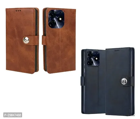 Fastship Leather Finish Combo 2 Flip Cover for Tecno KI7 / Spark 10Pro | Wallet Button Magnetic for Tecno Spark 10 Pro - Brown / Blue-thumb2