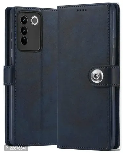 Fastship New Leather Finish Flip Cover for Vivo V2230  V27Pro 5G  Inside Back TPU  Stand  Wallet Button Magnetic Closure for Vivo V27 Pro 5G  Navy Blue-thumb2