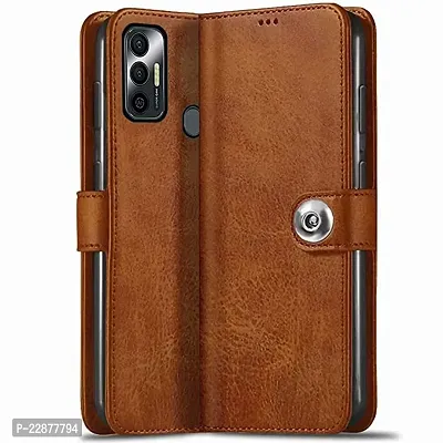 Fastship Cover Genuine Matte Leather Finish Flip Cover for Tecno R651  Tecno Spark 7  Wallet Style Back Cover Case  Stylish Button Magnetic Closure  Brown-thumb0