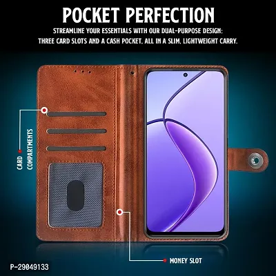 Fastship Genuine Leather Finish Flip Cover for Realme 12Pro+ /12pro /P1 Pro| Inside Back TPU Wallet Button Magnetic Closure for Realme 12 Pro+ 5G - Brown-thumb5