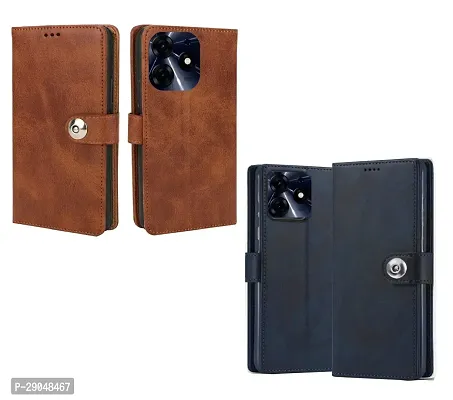 Fastship Genuine Leather Finish Combo 2 Flip Cover for TECNO lrm;BG6 / Spark Go 2024 | Wallet Stylish Button Magnetic for TECNO Spark Go 2024 - Brown / Blue-thumb2