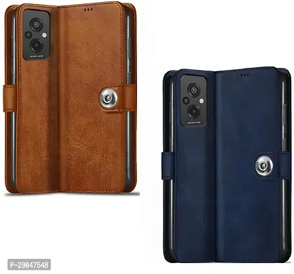 Fastship Leather Finish Combo 2 Flip Cover for Mi POCO M5 -MZB0CEZIN | Wallet Button Magnetic for POCO M5 - Brown / Blue-thumb2