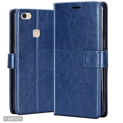 Coverage Leather Finish Inside TPU Wallet Back Case Stand Magnetic Closure Flip Cover for VIVO V7  Navy Blue-thumb0