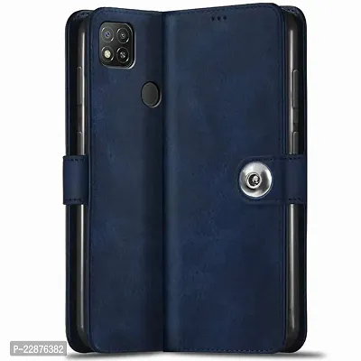 Fastship Genuine Matte Leather Finish Flip Cover for MI M2006C3LR  MI Redmi 9Activ  Inside TPU  Inbuilt Stand  Wallet Style Back Cover Case  Stylish Button Magnetic Closure  Navy Blue-thumb2