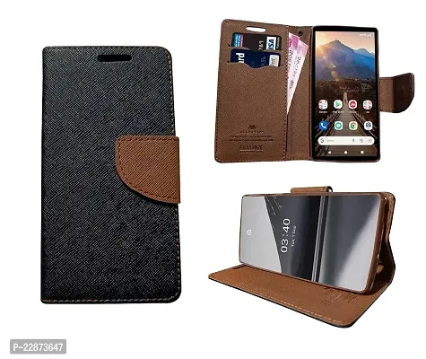 Coverage Imported Canvas Cloth Smooth Flip Cover for Samsung A20  SM A205F Inside TPU  Inbuilt Stand  Wallet Style Back Cover Case  Stylish Mercury Magnetic Closure  Black Brown-thumb2