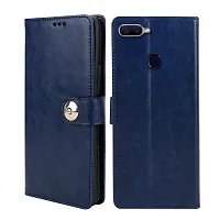 Fastship Genuine Matte Leather Finish Flip Cover for Oppo CPH1909  Oppo A5s  Inside TPU  Inbuilt Stand  Wallet Style Back Cover Case  Stylish Button Magnetic Closure  Navy Blue-thumb1