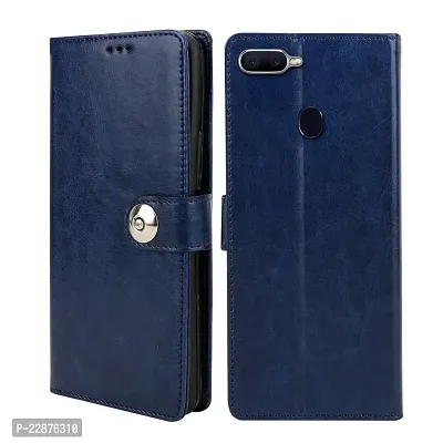 Fastship Genuine Matte Leather Finish Flip Cover for Oppo CPH1909  Oppo A5s  Inside TPU  Inbuilt Stand  Wallet Style Back Cover Case  Stylish Button Magnetic Closure  Navy Blue-thumb2