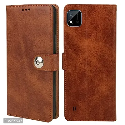 Fastship Cover Genuine Matte Leather Finish Flip Cover for Realme RMX3231  C11 2021  Wallet Style Back Cover Case  Stylish Button Magnetic Closure  Brown-thumb0