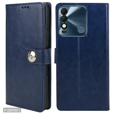 Fastship Cover Genuine Matte Leather Finish Flip Cover for Tecno KG6k  Spark 8  Wallet Style Back Cover Case  Stylish Button Magnetic Closure  Navy Blue