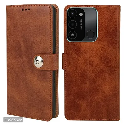 Fastship Cover Genuine Matte Leather Finish Flip Cover for Tecno KG5p  Spark 9  Wallet Style Back Cover Case  Stylish Button Magnetic Closure  Brown
