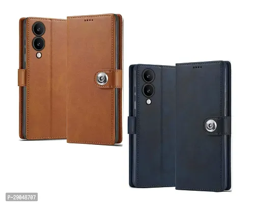 Fastship Vivo V2310 / Y17s 4G Combo 2 Flip Cover imported TPU Wallet Button Magnetic Book Leather Combo 2 Flip Cover for Vivo Y17s 4G - Blue / Brown-thumb0