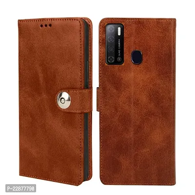 Fastship Cover Genuine Matte Leather Finish Flip Cover for Tecno Spark LC8 Power 2  Wallet Style Back Cover Case  Stylish Button Magnetic Closure  Brown