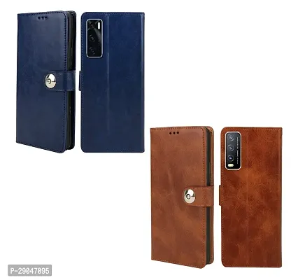 Fastship Combo 2 Flip Cover for Vivo V2052 / Y20A | Wallet Stylish Button Magnetic - Brown / Blue-thumb2