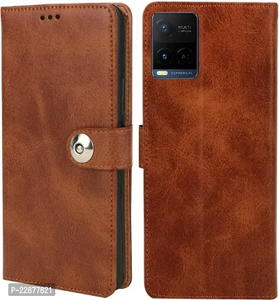 Fastship Cover Genuine Matte Leather Finish Flip Cover for Vivo V2110  Y21s  Wallet Style Back Cover Case  Stylish Button Magnetic Closure  Brown