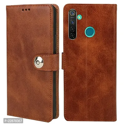 Fastship Realme RMX1925  Realme 5s Flip Cover  Full Body Protection  Inside Pockets  Stand  Wallet Stylish Button Magnetic Closure Book Cover Leather Flip Case for Oppo Realme 5s  Brown-thumb0