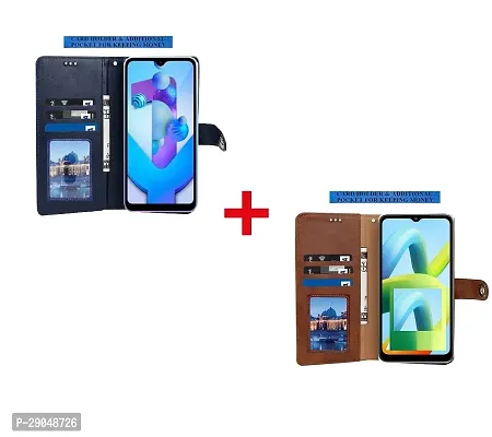 Fastship Genuine Leather Finish Combo 2 Flip Cover for OPPO CPH2617 / OPPO _A59 5G | Wallet Button Magnetic for OPPO A59 5G - Brown / Blue-thumb3