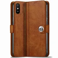 Fastship Genuine Matte Leather Finish Flip Cover for REDMI 9i  Inside TPU  Inbuilt Stand  Wallet Style Back Cover Case  Stylish Button Magnetic Closure  Brown-thumb1