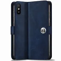 Fastship Genuine Matte Leather Finish Flip Cover for REDMI 9A  Inside TPU  Inbuilt Stand  Wallet Style Back Cover Case  Stylish Button Magnetic Closure  Navy Blue-thumb1