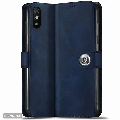 Fastship Genuine Matte Leather Finish Flip Cover for REDMI 9A  Inside TPU  Inbuilt Stand  Wallet Style Back Cover Case  Stylish Button Magnetic Closure  Navy Blue-thumb2