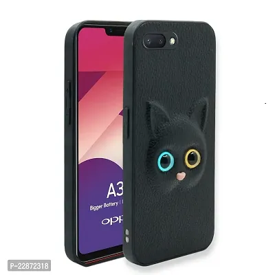 Coverage Coloured 3D POPUP Billy Eye Effect Kitty Cat Eyes Leather Rubber Back Cover for Oppo A3s  Pitch Black-thumb0