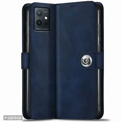 Fastship Cover Genuine Matte Leather Finish Flip Cover for Vivo V2141  T1 5G  Inside TPU  Inbuilt Stand  Wallet Style Back Cover Case  Stylish Button Magnetic Closure  Navy Blue-thumb2